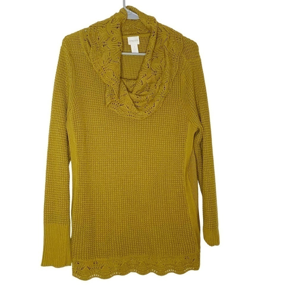 CHICO’S yellow long sleeve sweater with crochet neckline. Size M/8